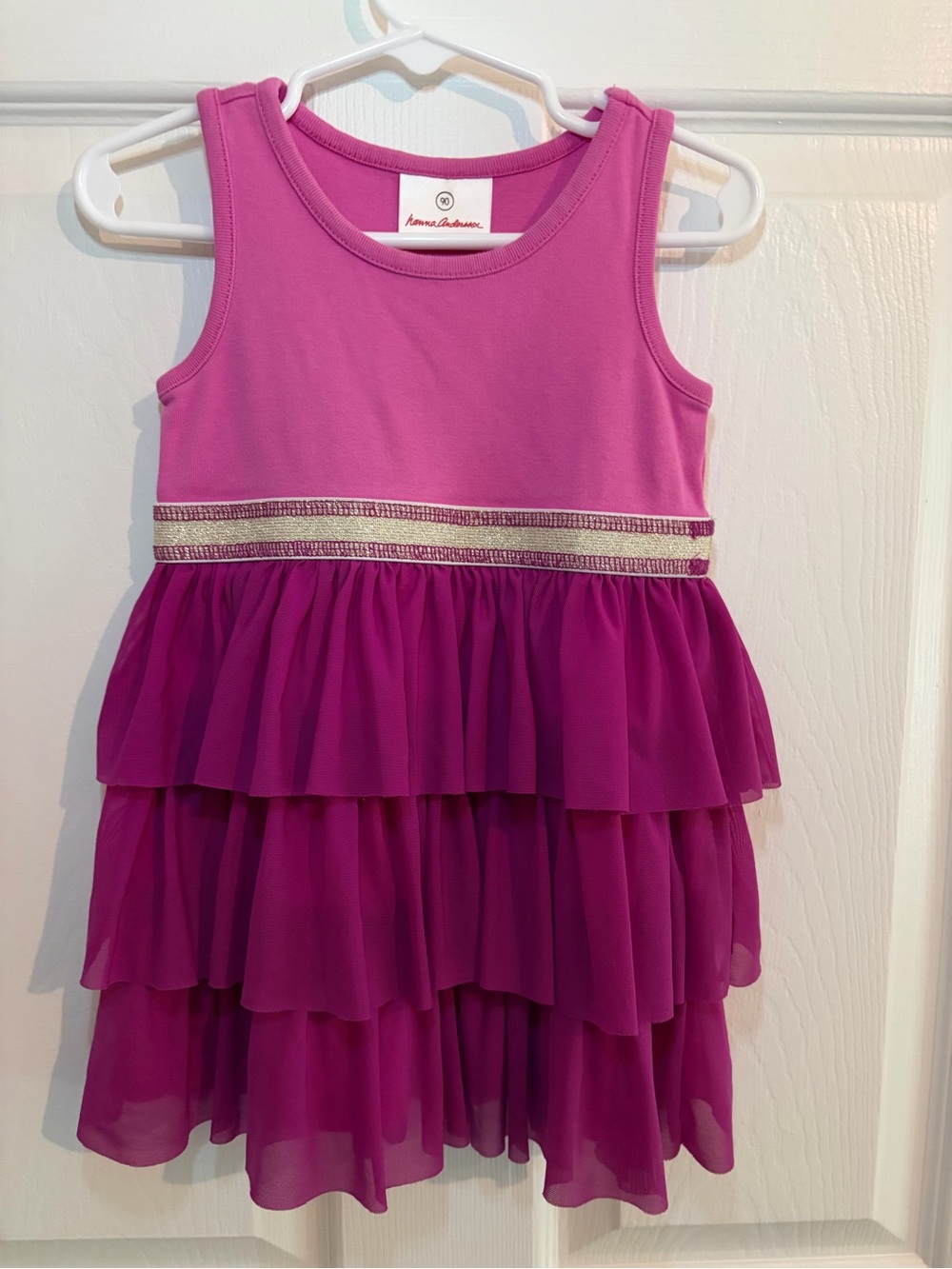 Hanna Andersson Pink and Magenta Tulle Layered Tank Dress With Gold Accent - 3T